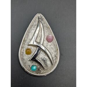 Vintage EMMONS Teardrop Textured Silver Tone 3 Cabochon Necklace Pendant